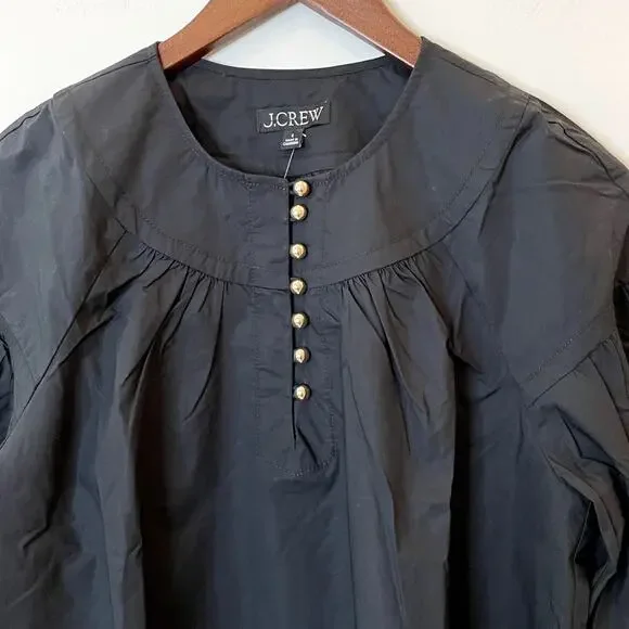 J.Crew Shirred Popover Top Cotton Poplin Long Sleeve Office Date CI522 Black XXS - Picture 2 of 15
